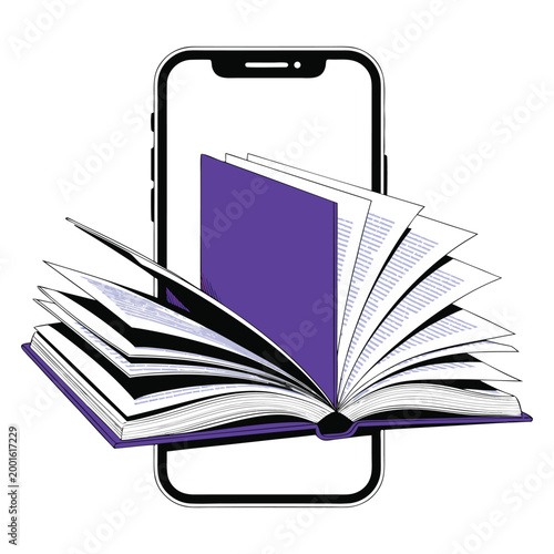 Smartphone with Open Book Pages, Digital Learning and Online Education Concept Illustration.