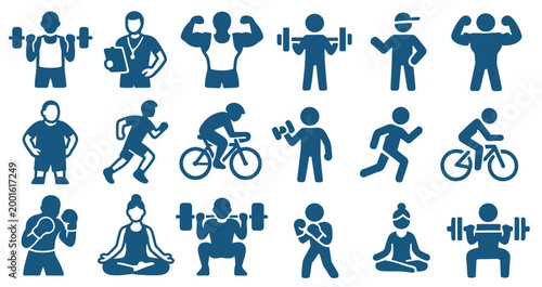 People performing fitness activities in icon set