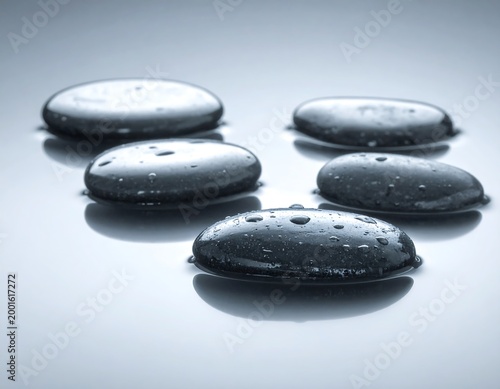 Smooth, wet black stones in a serene, reflective, cool-toned setting