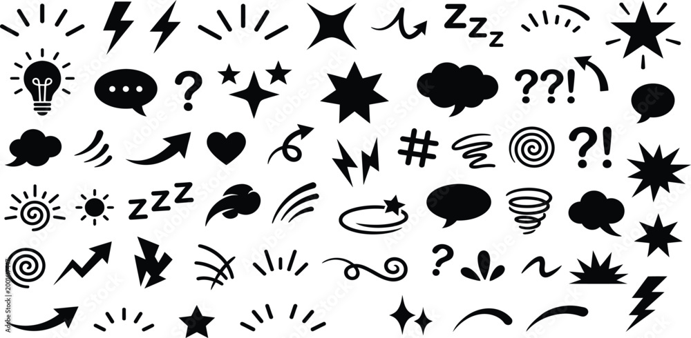 Fototapeta premium Vibrant collection of diverse graphic icons and symbols for digital and print media.
