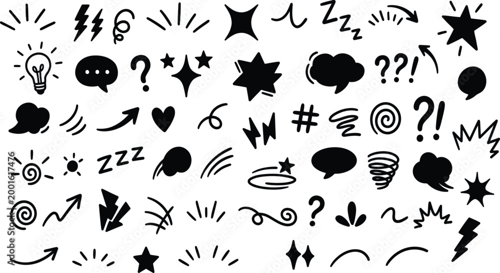 Obraz premium Modern set of black silhouette graphic icons for web and mobile design elements.