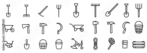 Garden tools displayed as outline icons on white background