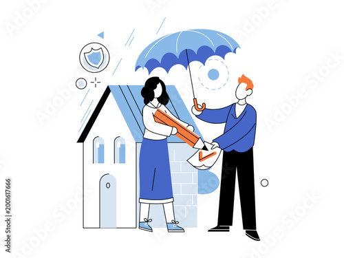 Man holding umbrella over woman signing document near house vector illustration. Home insurance, property protection, real estate contract, safety, mortgage, security. Agent protecting client.