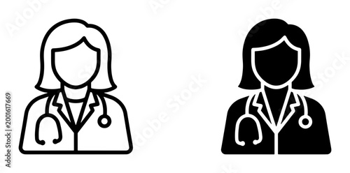 Female doctor icon set, medical professional avatar in outline and solid styles, healthcare worker vector symbols for hospital and clinic apps