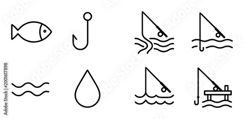 Fish and fishing hook icons arranged on white