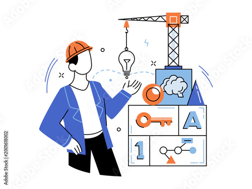 Man in a hard hat building ideas with a crane vector illustration. Creative process, project management, innovation, engineering, business development, knowledge. Engineer constructing concepts.