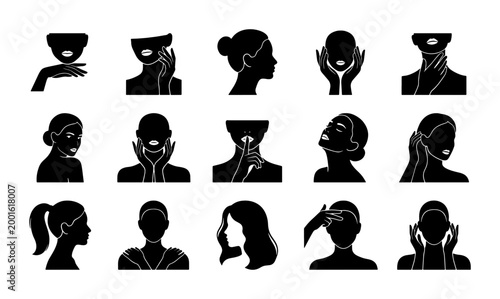 Minimalist female silhouette icons, set of 15 black beauty and skincare vector illustrations, elegant woman face and hand gestures for spa branding