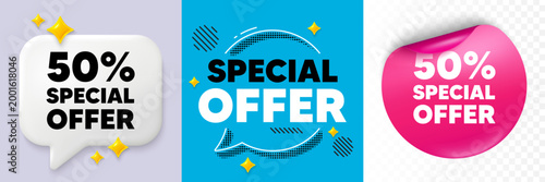Discount speech bubble. 3d sparkles chat, Paper sticker. 50 percent discount offer tag. Sale price promo sign. Special offer symbol. Special offer bubble. Halftone dots pattern. Vector
