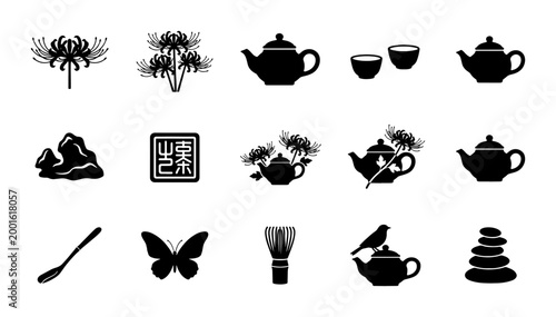 Photos Japanese tea ceremony icon set, traditional matcha culture vector silhouettes, 1