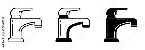 Foto Modern water tap icon set, minimalist bathroom faucet vector illustrations, blac