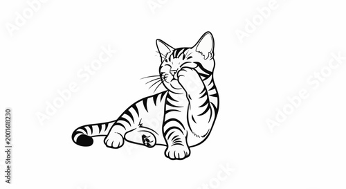 Black and white cartoon illustration of a tabby cat covering its face with a paw