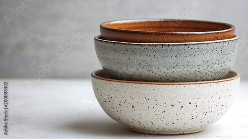 Stack of three ceramic bowls in neutral colors placed on a table for a clean and modern look