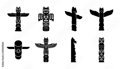 Obraz na płótnie Indigenous Totem Pole Silhouette Icons, Traditional Native American Tribal Sculp