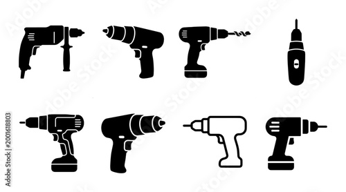 Photos Electric drill icon set, black power tool silhouettes for construction and home