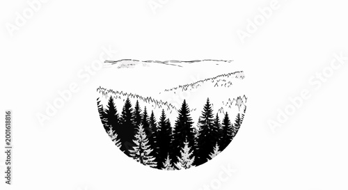 Black and white coniferous forest panorama with distant hills