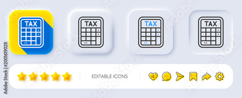Tax calculator line icon. Neumorphic, Flat shadow, 3d buttons. Calculate tax rate sign. Accounting symbol. Line tax calculator icon. Social media icons. Vector