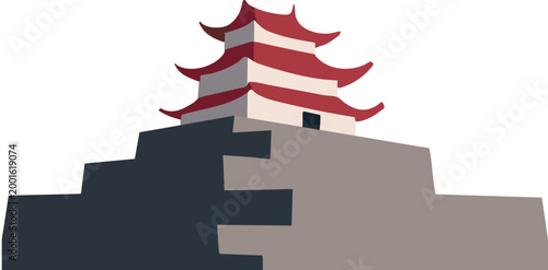 Mountain fortress with red roof pagoda illustration