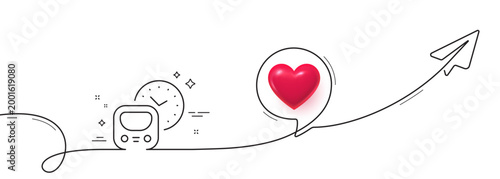 Metro line icon. Continuous line with share plane. Subway time schedule sign. Underground train railway symbol. 3d heart in speech bubble. Metro single line ribbon. Loop curve pattern. Vector