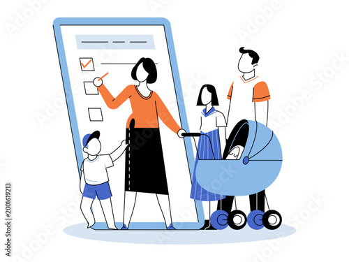 Family using smartphone checklist vector illustration. Parenting, digital scheduling, family planning, shopping, smart living, home organization. Mother with children near mobile phone