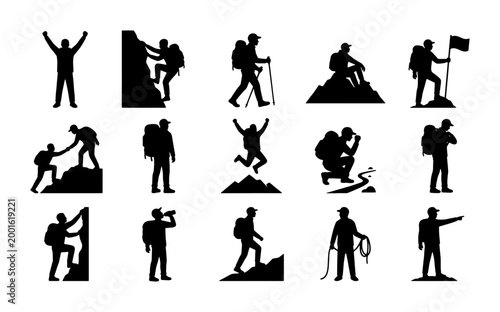 Canvastavla Hiking and mountaineering silhouette icons, set of 15 climbing and trekking vect