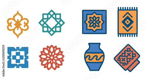 Decorative tile and textile pattern icons in grid