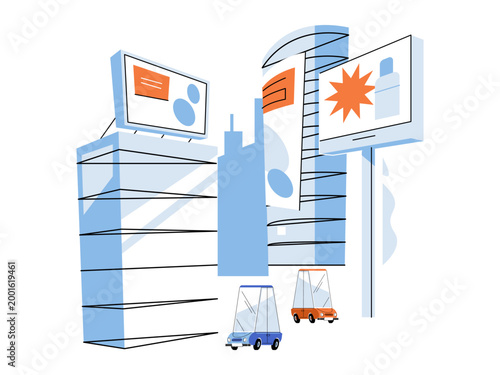 City skyline with billboards and cars vector illustration. Marketing strategy, urban environment, commercial advertising, brand visibility, city life, outdoor media. Metro town with signs