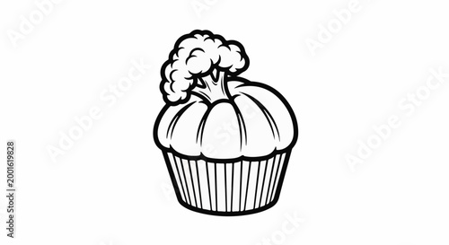 Black and white illustration of a cupcake with a broccoli top
