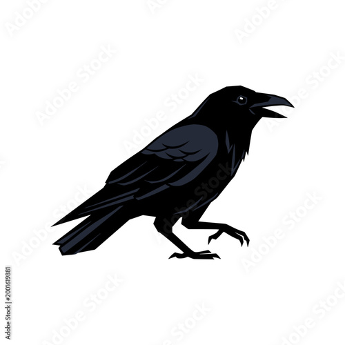A stylized black crow with its beak open stands on its legs against a white background.