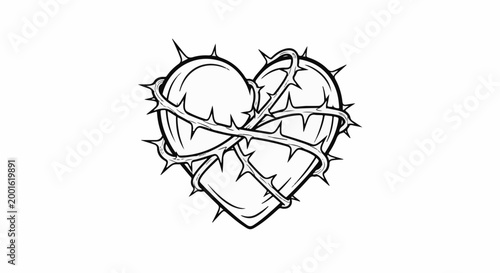 Black and white illustration of a heart entangled in thorns