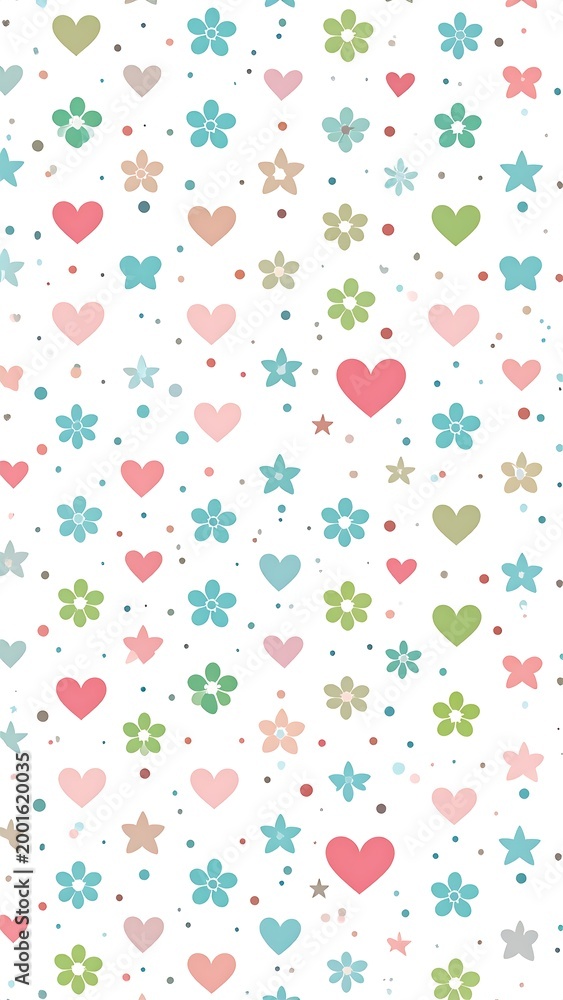 Fototapeta premium Soft pastel pattern with hearts, flowers, stars, and dots on white background