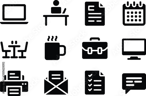 Black glyph icons representing office work communication and scheduling