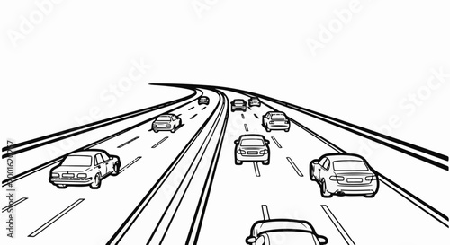 Black and white illustration of cars on a multi-lane highway stretching into the distance