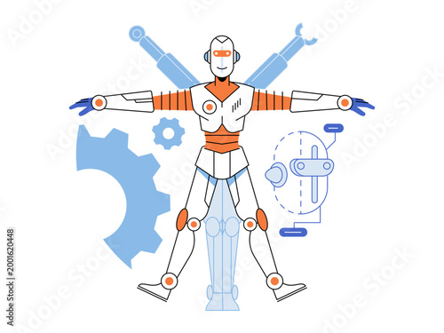 Robot in Vitruvian pose with gears vector illustration. Artificial intelligence, robotics engineering, machine automation, future technology, design, cyborg anatomy. droid figure posing with parts