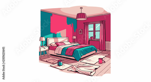 Bedroom undergoing renovation, with paint cans and drop cloths scattered