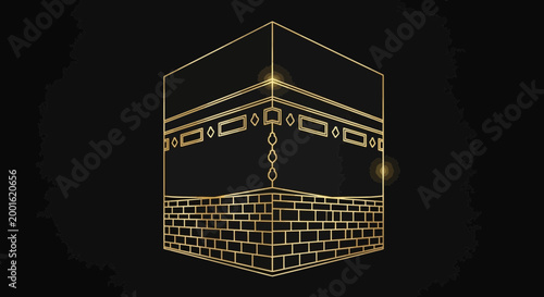 Golden Kaaba Outline on Black Background - Islamic Sacred Site