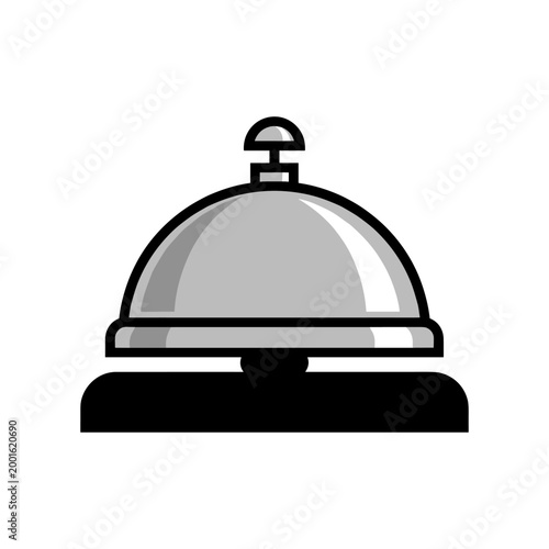 A silver hotel reception desk bell with a black base sits on a plain background.