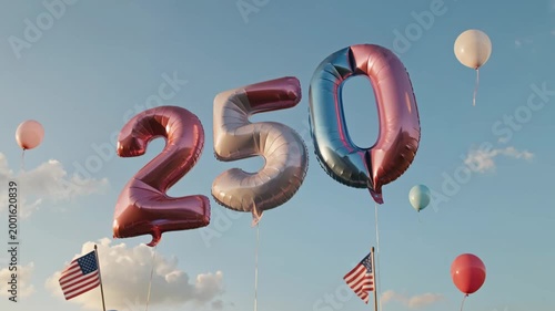 Large number balloons 250 float against a clear blue sky with clouds