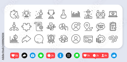 Best friend, Quick tips and Stats line icons pack. Social media: share, comment, like icons. Digestion, Teamwork process, Headshot web icon. Award cup, Project deadline, Winner pictogram. Vector