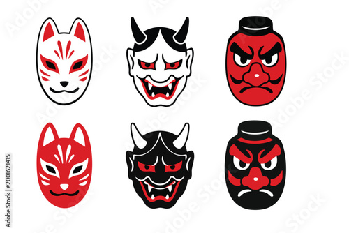 Japanese Traditional Mask Set of Kitsune, Hannya, and Daruma Vector Illustration
