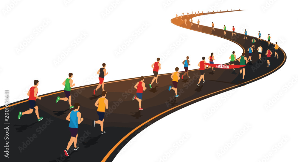 Obraz premium A group of athletic runners competing on a winding asphalt race track with a red finish line banner against a plain white background in a clean vector style.