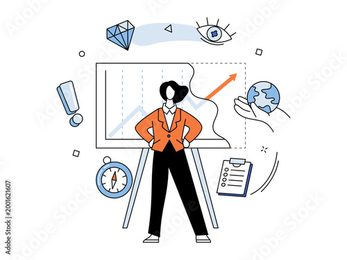 Businesswoman standing by growth chart vector illustration. Corporate leadership, global marketing, strategic planning, project management, success, vision. Professional leader with a board