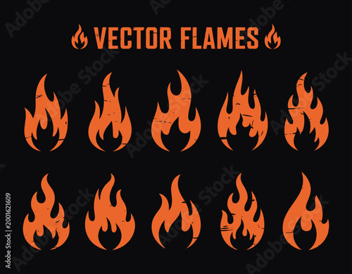 Vector Flames Collection with Realistic Fire Shapes, Burning Blaze Elements, Hot Energy Effects, Abstract Flame Icons Set for Design, Logo, UI, Game Assets and Creative Graphic Projects