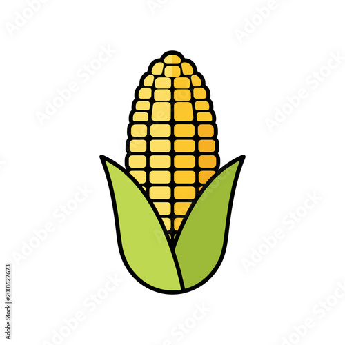 A single ear of corn with bright yellow kernels and green husks is depicted on a white background.