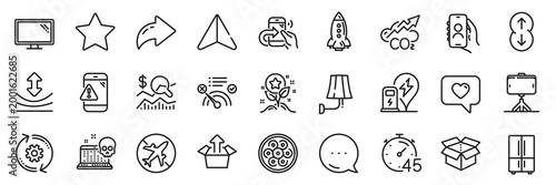 Resilience, Selfie stick and Send box line icons pack. Share, Message, Paper plane icons. Monitor, Scroll down, Cyber attack web icon. Airplane mode, Share call, Rocket pictogram. Vector