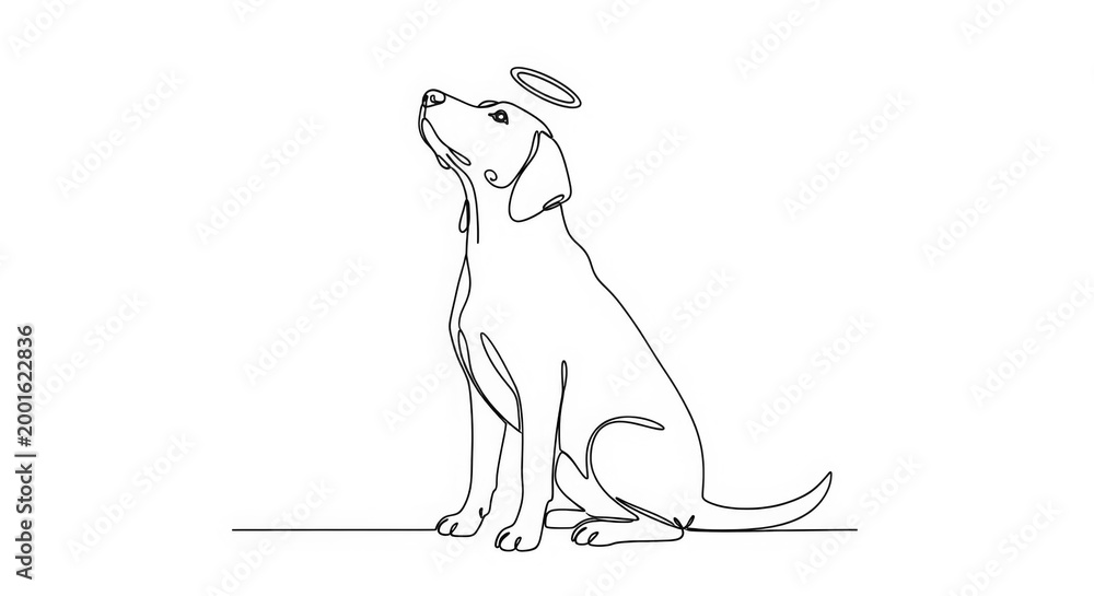 Fototapeta premium A dog with a halo sitting on the ground looking up