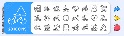 Bicycle line icons. Interest rate, AI generate, Inflation icons. Mountain bike, Travel bicycle and Electric transport set. City delivery, safety helmet and rent a bike line icons. Vector