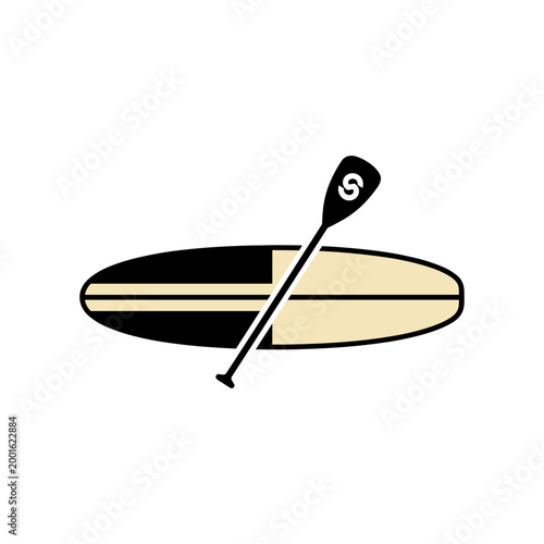 A stand-up paddleboard with a paddle crossed over it is shown in a minimalist graphic on white.