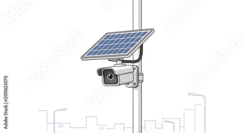 A modern security camera system equipped with a solar panel is mounted on a tall metal pole overlooking a stylized city skyline in a minimalist white environment.