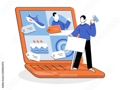 Man managing online store items on a laptop screen vector illustration. E-commerce, digital marketing, web building, retail, content strategy, product listing. Person organizing shop data