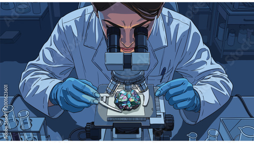 Scientist Analyzing Sample Under Microscope, Medical Research Lab